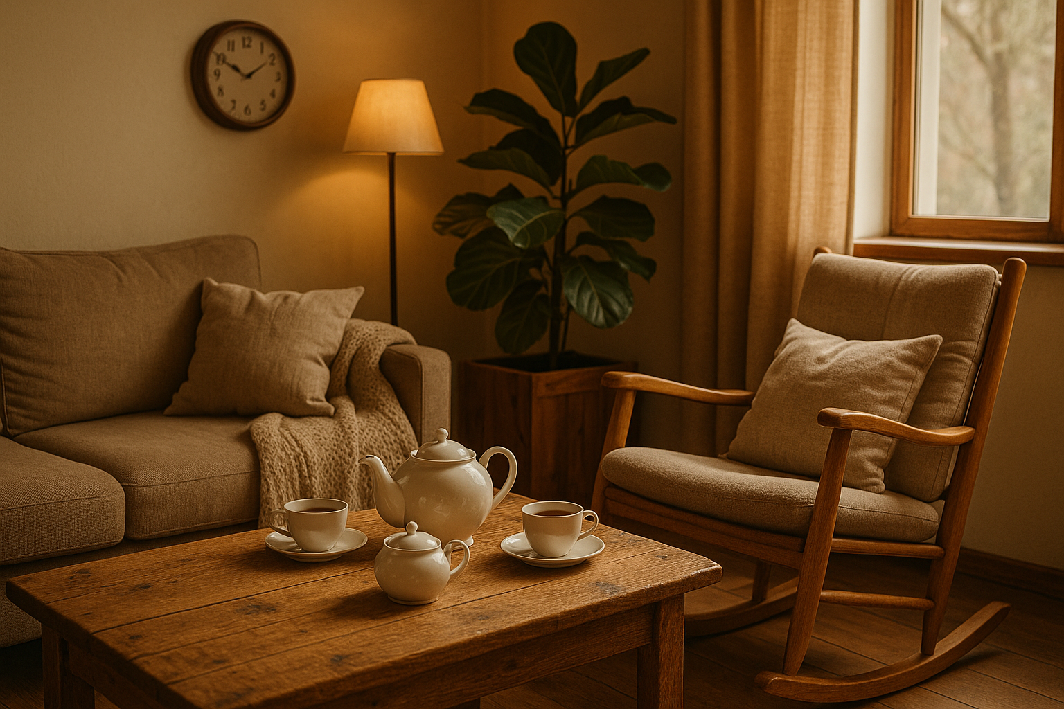 A cozy living room scene:
Wooden coffee table with a tea set
Lamp stand in the corner
Wooden planter with a green plant
A rocking chair / wall clock in frame
👉 Lifestyle vibe → shows how products transform spaces.